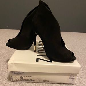 Black suede peep toe heels